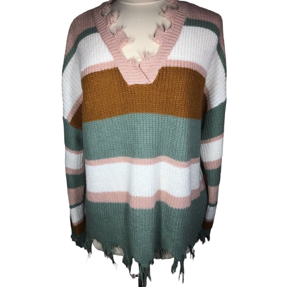 Vintage Full Circle Trends 2X Womens Multi Striped Fringed Distressed Sweater